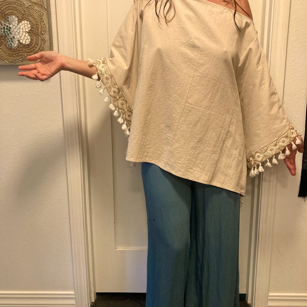 Elegant Cream Women's Top with gold style poncho